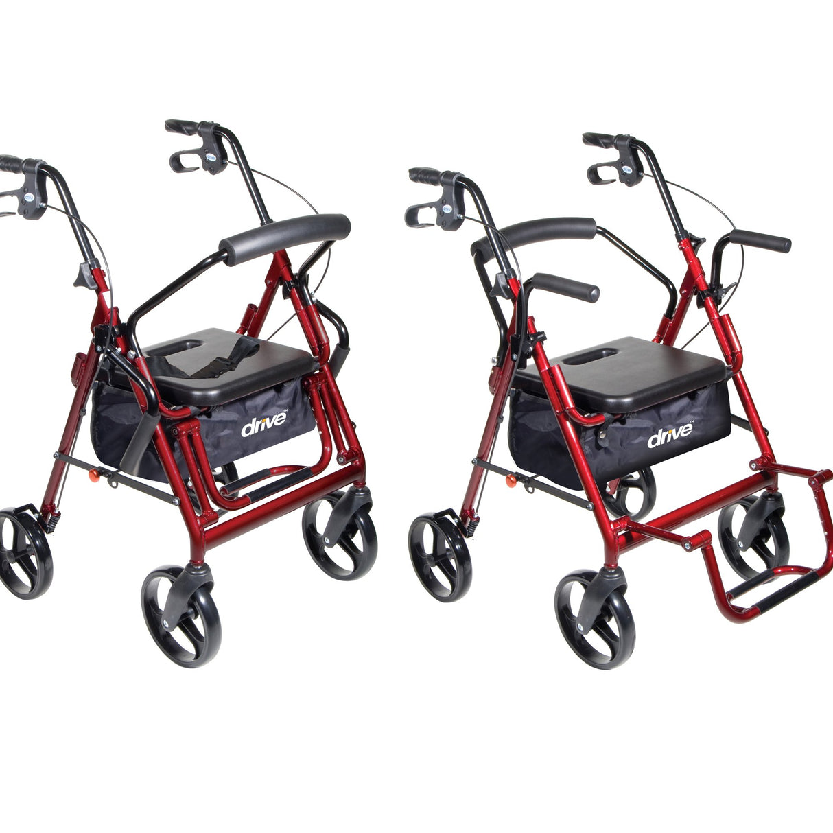 4 Wheel Rollator / Transport Chair drive™ Duet Burgundy Adjustable Height / Transport / Folding Aluminum Frame - BeHope
