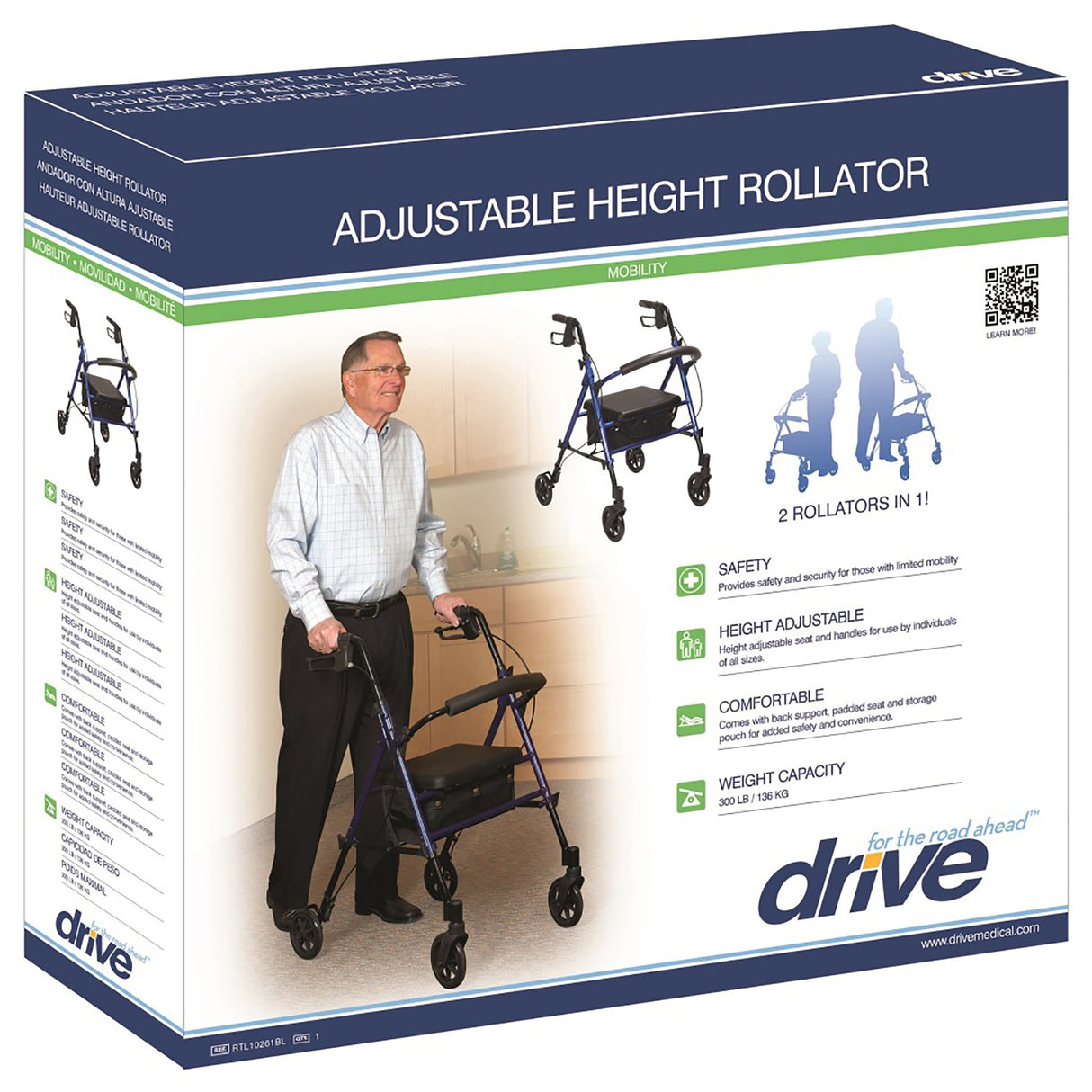 4 Wheel Rollator drive™ Blue Adjustable Height / Folding Aluminum Frame - BeHope