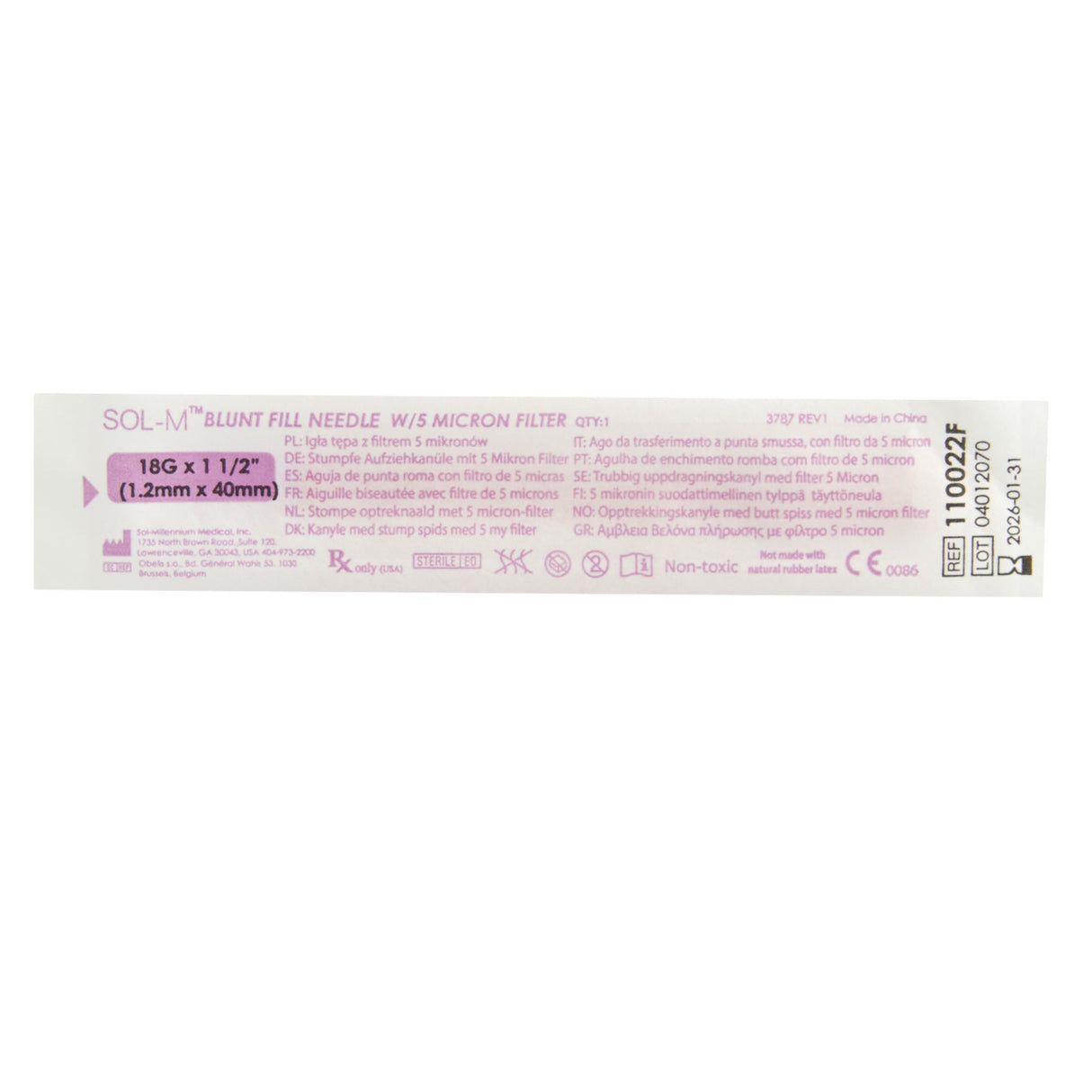 Blunt Fill Needle SOL-M™ 18 Gauge Blunt - BeHope