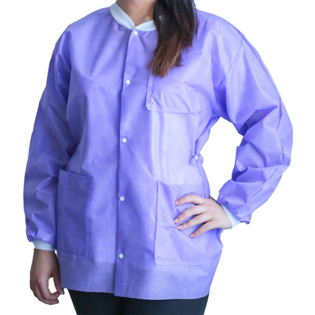 Lab Jacket FitMe™ Purple Large Hip Length 3-Layer SMS Disposable - BeHope