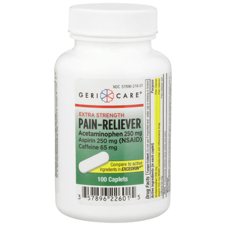 Pain Relief Geri-Care® 250 mg - 250 mg - 65 mg Strength Acetaminophen / Aspirin / Caffeine Caplet 100 per Bottle - BeHope