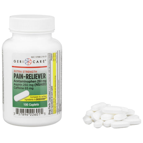 Pain Relief Geri-Care® 250 mg - 250 mg - 65 mg Strength Acetaminophen / Aspirin / Caffeine Caplet 100 per Bottle - BeHope