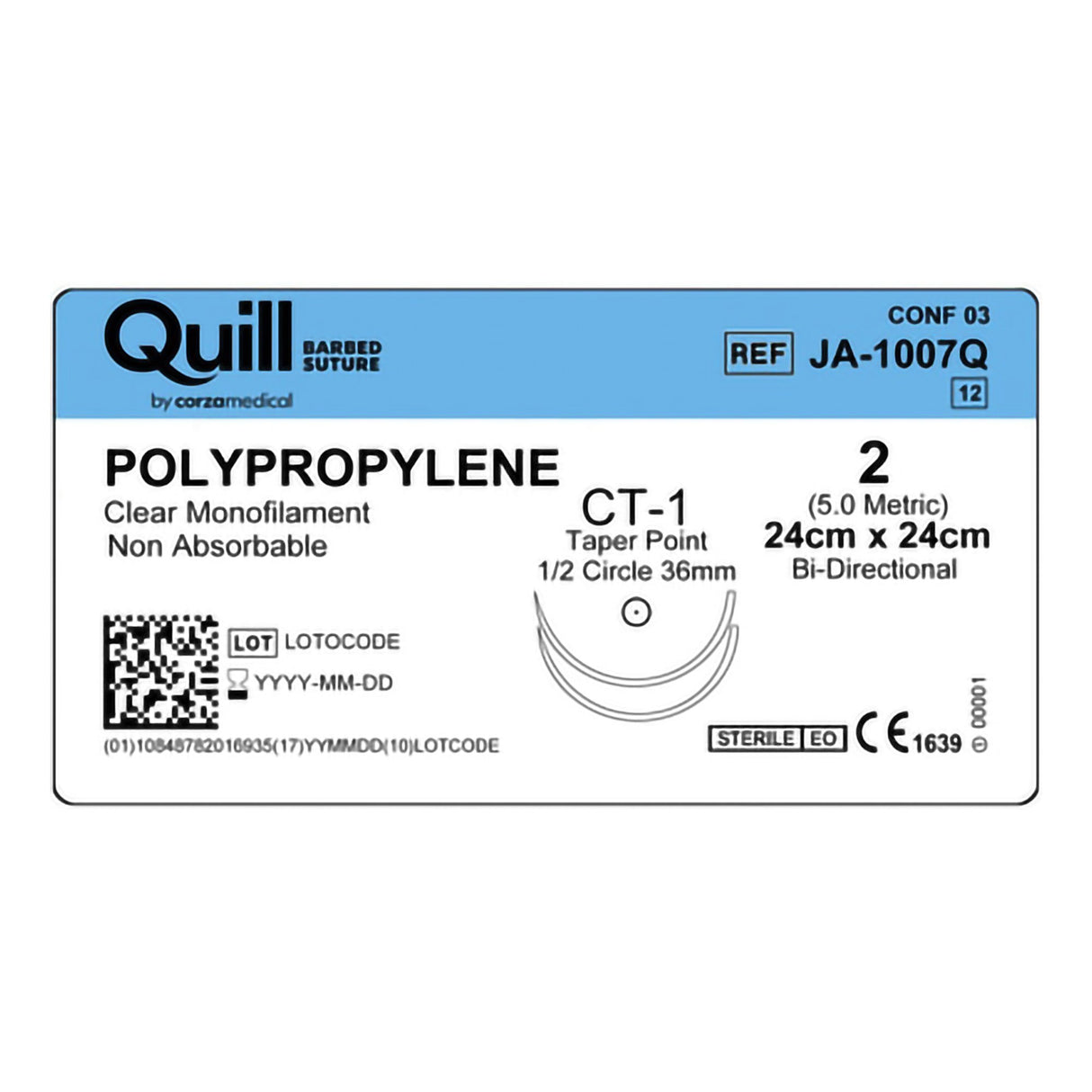 Nonabsorbable Suture with Needle Quill™ Knotless Tissue-Closure Device Polypropylene CT-1 1/2 Circle Taper Point Needle Size 2 Barbed Monofilament - BeHope