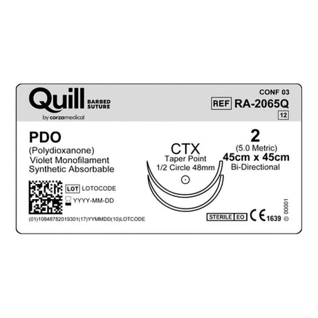 Absorbable Quill Barbed Suture with Needle Quill™ Polydioxanone CTX 1/2 Circle Taper Point Needle Size 2 Barbed Monofilament - BeHope