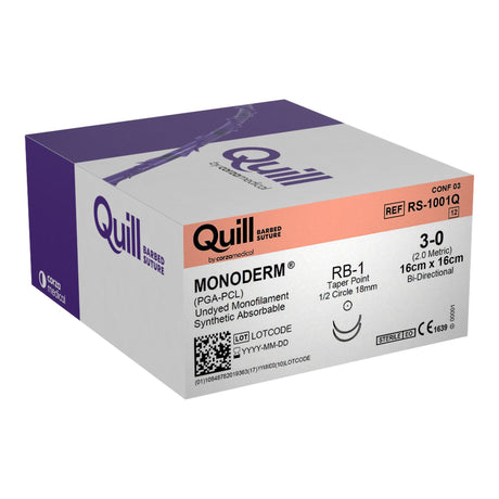 Absorbable Quill Barbed Suture with Needle Monoderm™ Polyblycolic Acid RB-1 1/2 Circle Taper Point Needle Size 3-0 Barbed Monofilament - BeHope