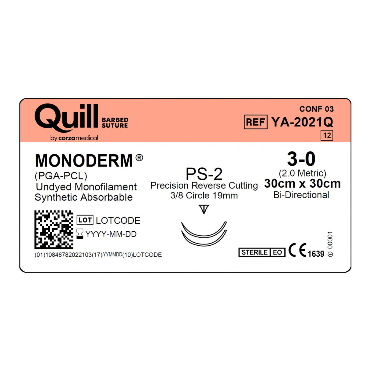 Absorbable Suture with Needle Quill™ Monoderm™ Polyglycolic Acid / PCL PS-2 3/8 Circle Precision Reverse Cutting Needle Size 3-0 Barbed Monofilament - BeHope