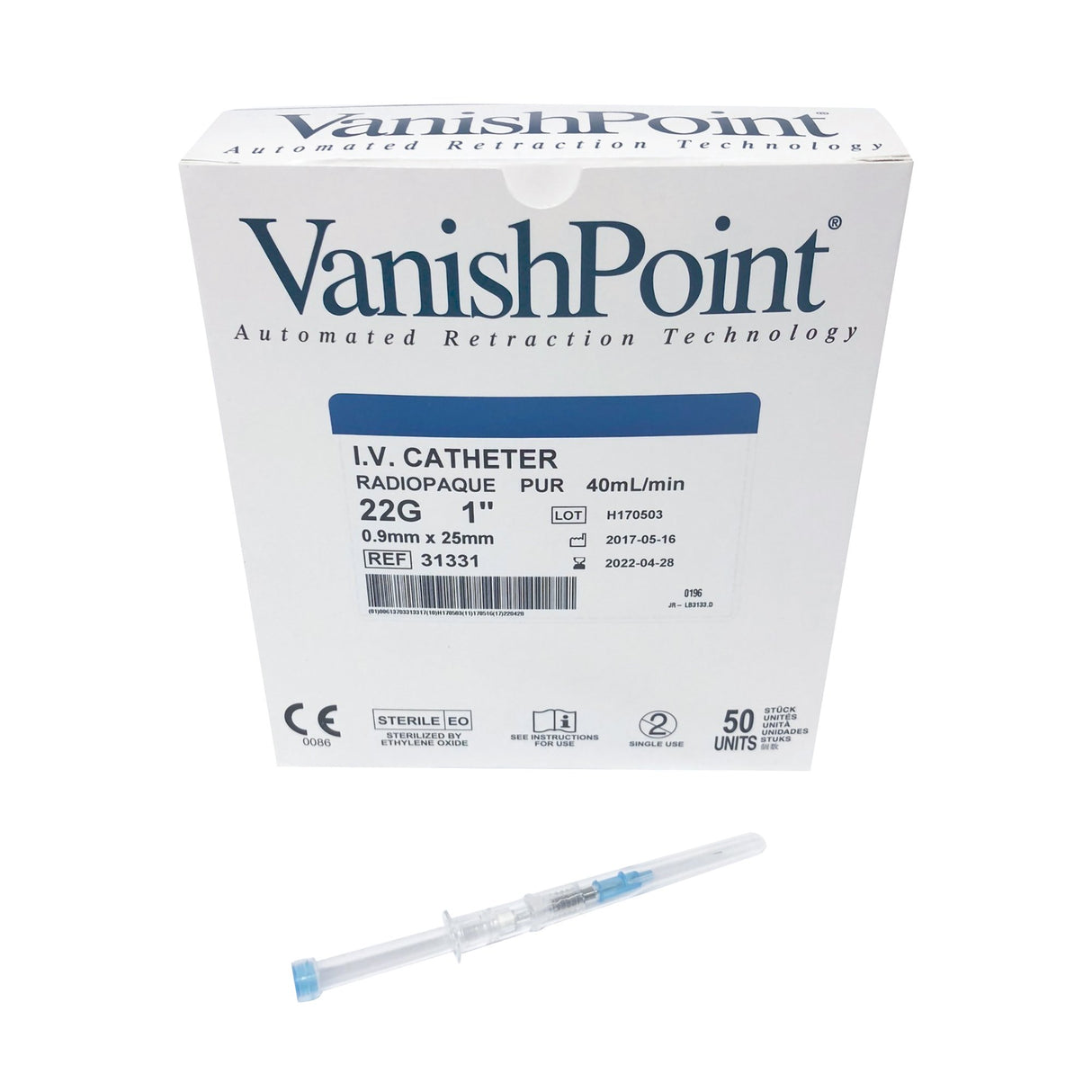 Peripheral IV Catheter VanishPoint® 22 Gauge 1 Inch Polyurethane Straight Hub Non Blood Control Passive Safety - BeHope