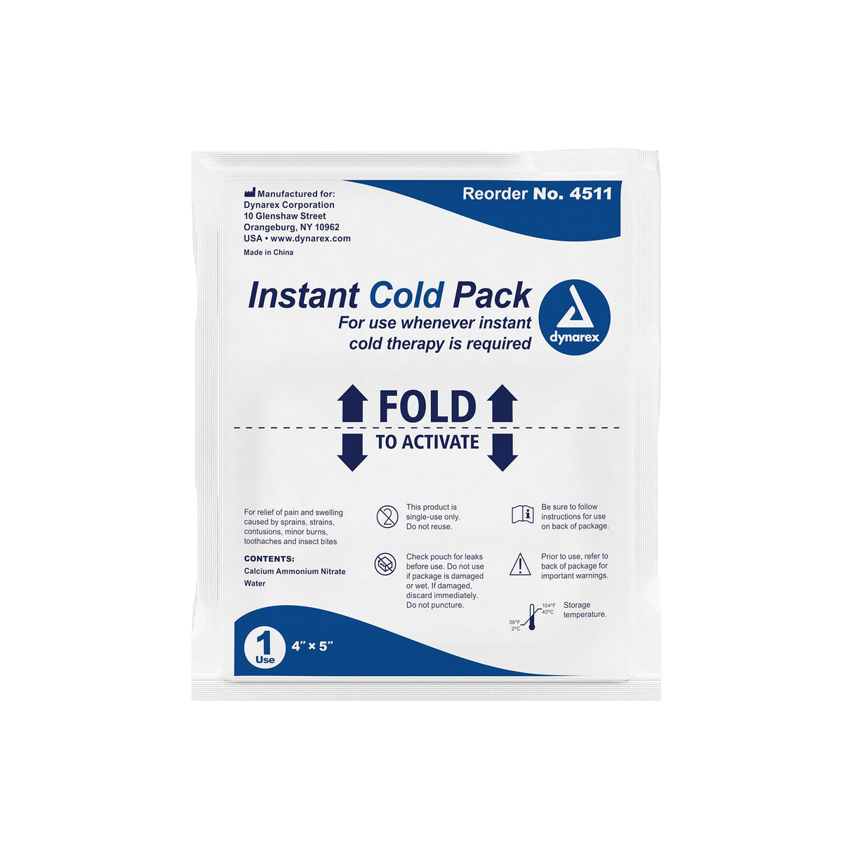 Instant Cold Pack Dynarex® General Purpose One Size Fits Most 4 X 5 Inch Plastic / Calcium Ammonium Nitrate / Water Disposable - BeHope
