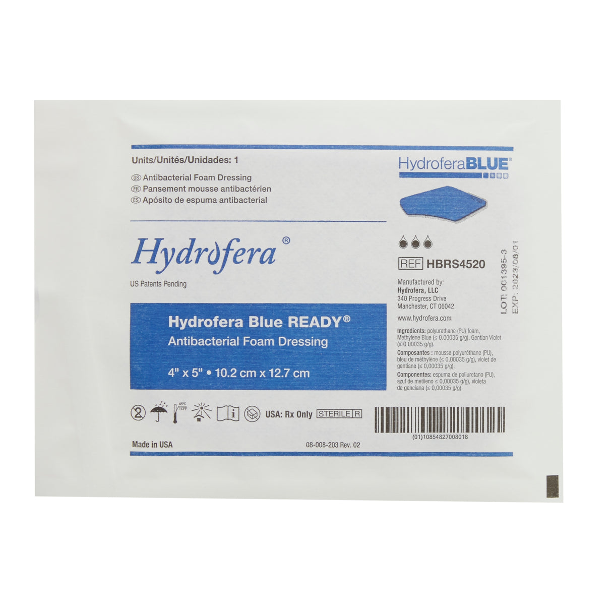 Antibacterial Foam Dressing Hydrofera BLUEÂ® READY 4 X 5 Inch Without Border Waterproof Film Backing Nonadhesive Rectangle Sterile - BeHope