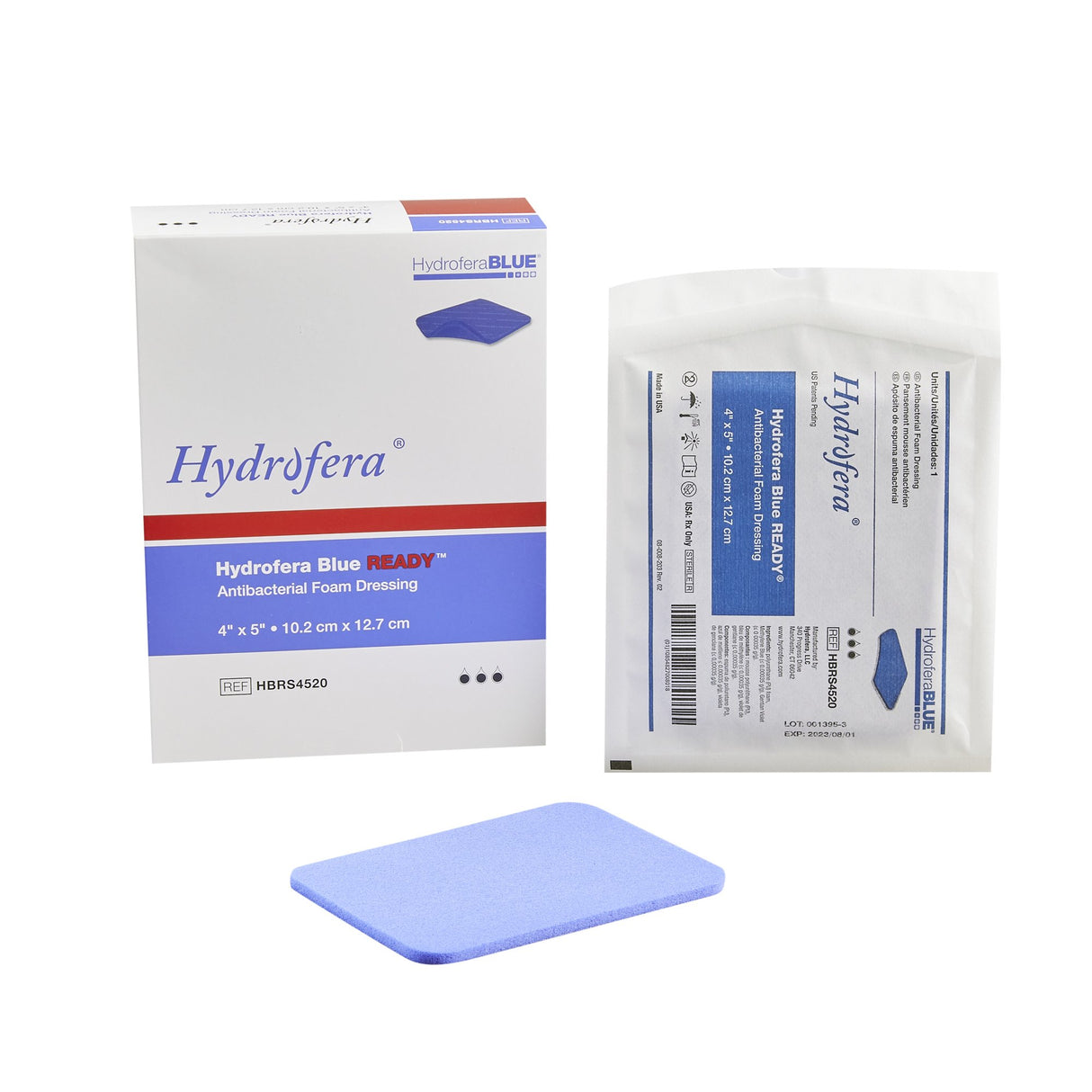 Antibacterial Foam Dressing Hydrofera BLUEÂ® READY 4 X 5 Inch Without Border Waterproof Film Backing Nonadhesive Rectangle Sterile - BeHope