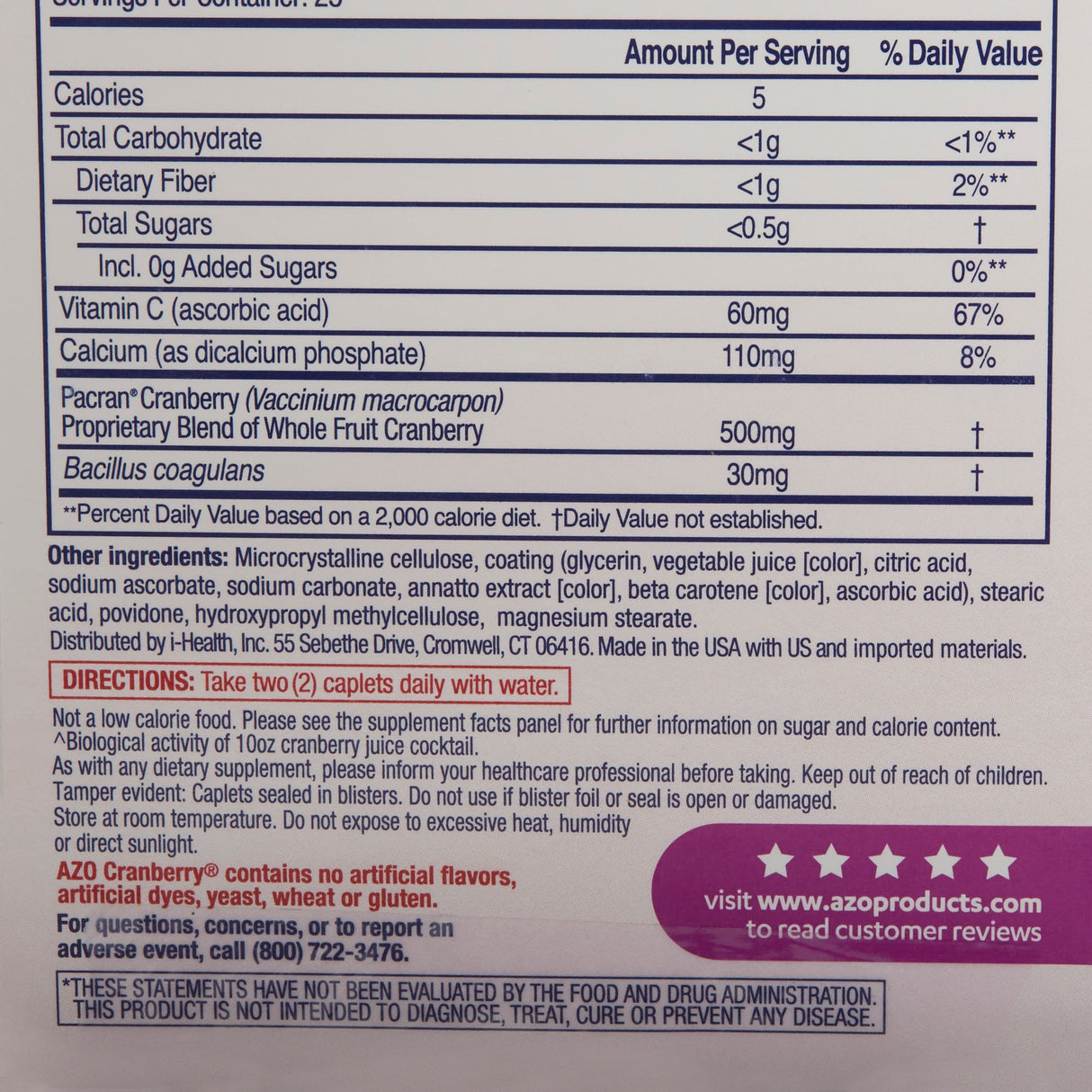 Urinary Pain Relief AZO® 60 mg - 110 mg - 500 mg - 30 mg Strength Vitamin C / Calcium / Cranberry / Bacillus Coagulans Tablet 50 per Box - BeHope