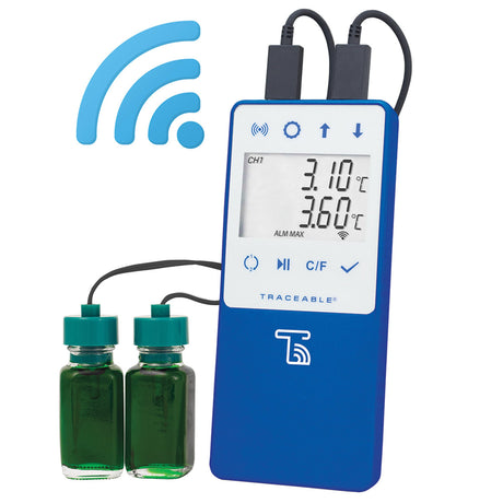 Datalogging Refrigerator / Freezer Thermometer with Alarm TraceableLIVE® Fahrenheit / Celsius -58° to +140°F (-50° to +60°C) 2 Glycol Bottle Probes Multiple Mounting Options Battery Operated - BeHope