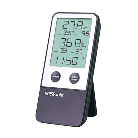 Digital Thermometer / Hygrometer Traceable® Fahrenheit / Celsius 32° to 122°F (0° to 50°C) Internal Sensor Flip-out Stand / Wall Mount Battery Operated - BeHope