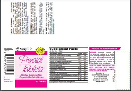 Prenatal Vitamin Supplement Major® Vitamin A / Vitamin C / Vitamin D / Vitamin E 1200 mcg / 100 mg / 10 mcg (400 IU) / 5 mg Strength Tablet 30 per Bottle - BeHope