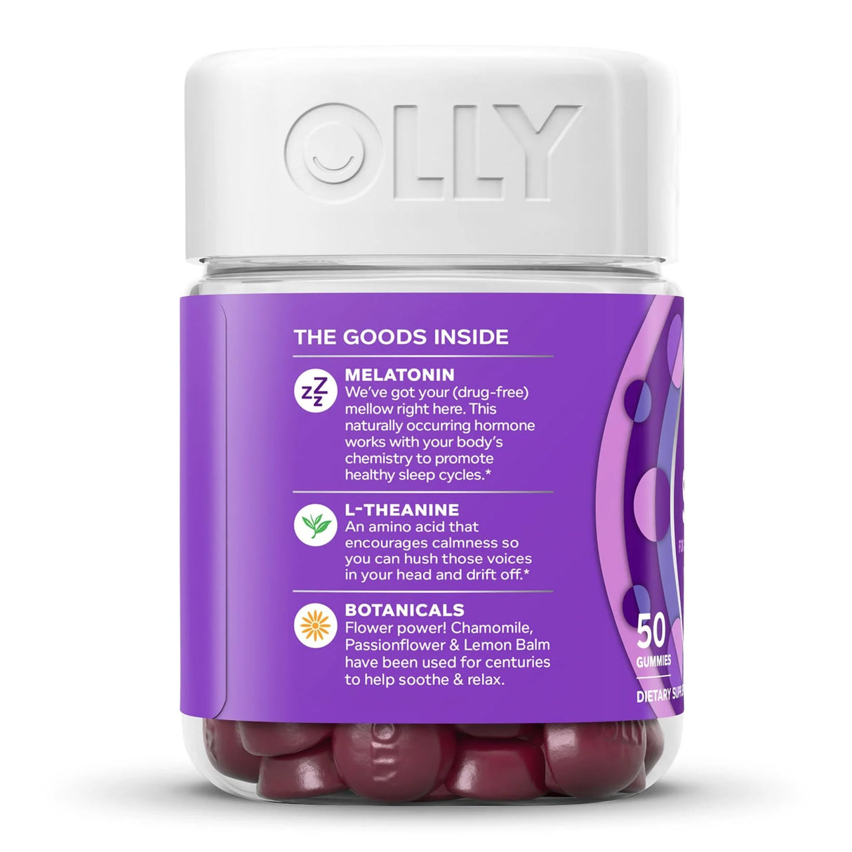 Dietary Supplement OLLY® Sleep L-Theanine / Melatonin / Botanicals 100 mg - 3 mg - 16 to 17 mg Strength Gummy 50 per Bottle Blackberry Zen Flavor - BeHope