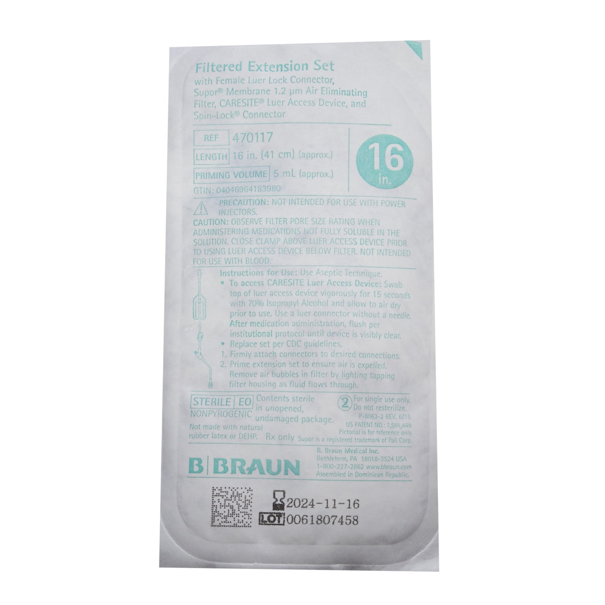 IV Extension Set Filterflow® Needle-Free Port 16 Inch Tubing 1.2 Micron Filter Sterile - BeHope