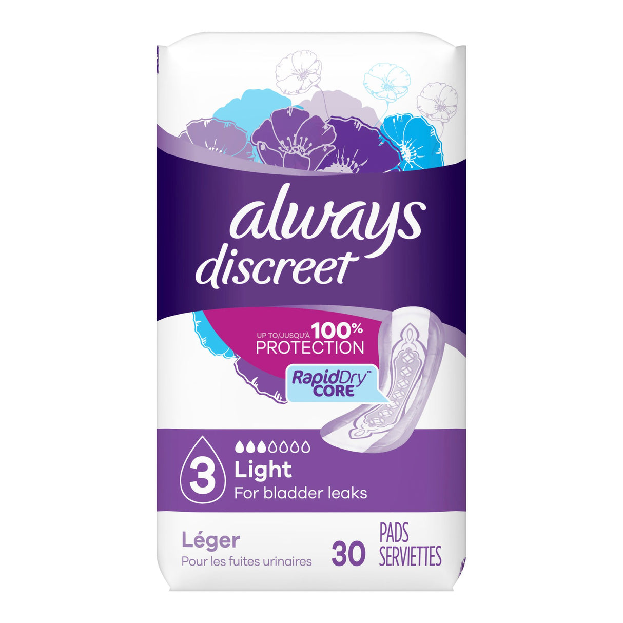 Bladder Control Pad Always® Discreet 9.4 Inch Length Light Absorbency Super Absorbent Core Size 3 - BeHope