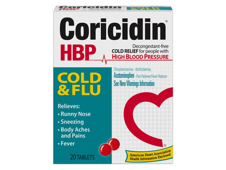 Cold and Cough Relief Coricidin® HBP Cold & Flu 325 mg - 2 mg Strength Tablet 20 per Box - BeHope