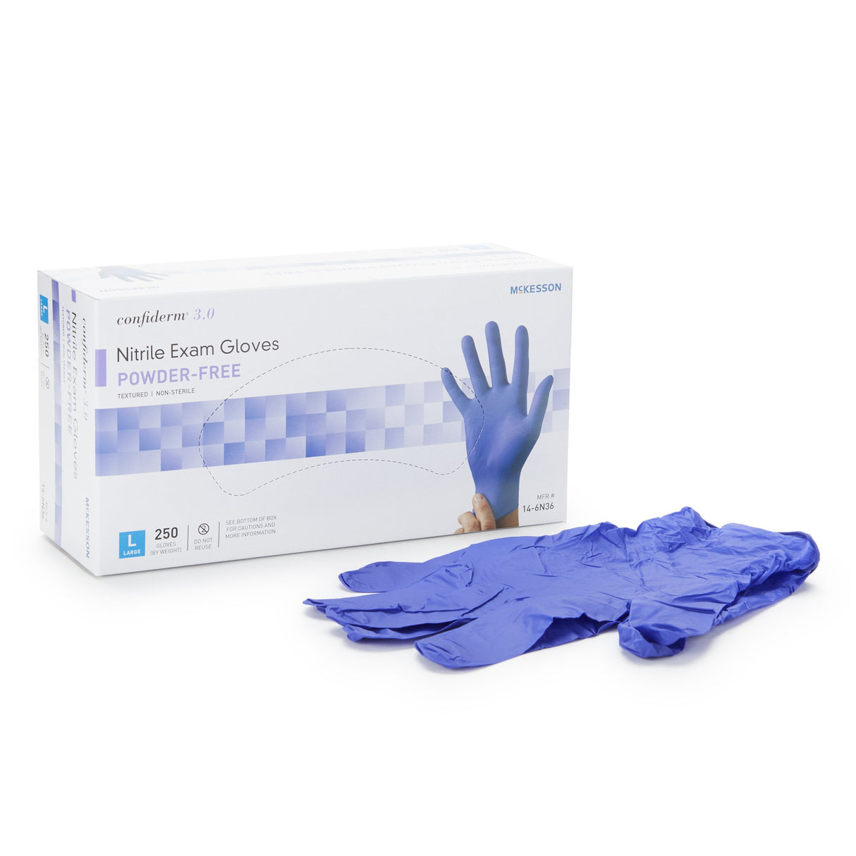 Exam Glove McKesson Confiderm® 3.0 Large NonSterile Nitrile Standard Cuff Length Textured Fingertips Blue Chemo Tested / Fentanyl Tested - BeHope