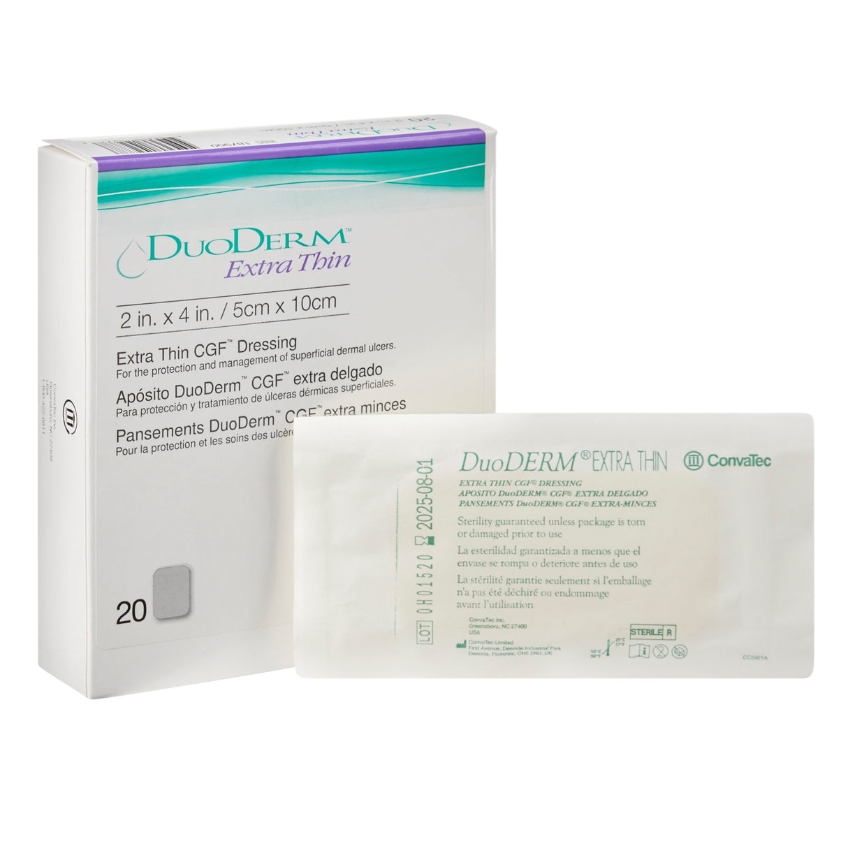 Thin Hydrocolloid Dressing DuoDERM Extra Thin CGF Film Backing 2 X 4 Inch Rectangle Hydrocolloid / Film