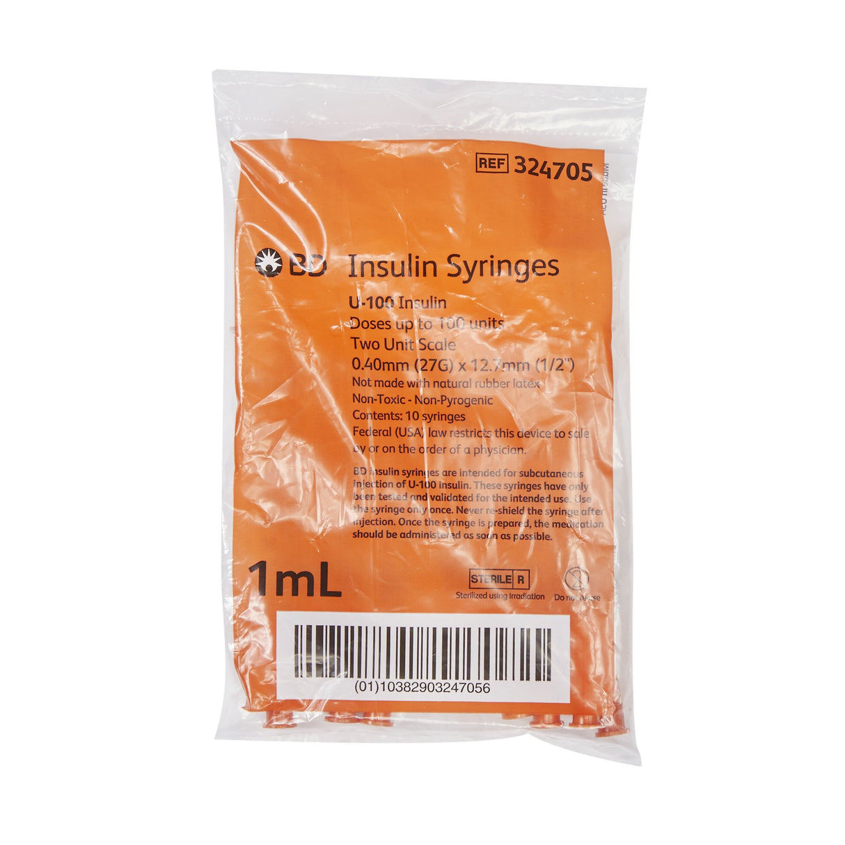 Standard Insulin Syringe with Needle Ultra-Fine™ Lo-Dose™ 1 mL 1/2 Inch 27 Gauge NonSafety Regular Wall - BeHope