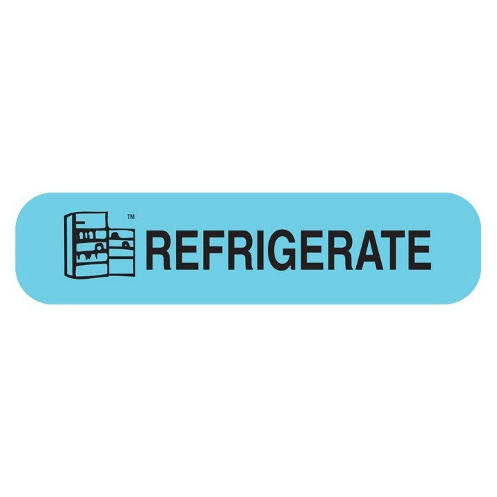 Pre-Printed Label Apothecary Products® Auxiliary Label Blue Paper Refrigerate Black Temperature Control 3/8 X 1-9/16 Inch - BeHope