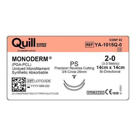 Absorbable Suture With Needle Quill™ Monoderm™ Polyglycolic Acid Barbed Monofilament Precision Reverse Cutting - BeHope