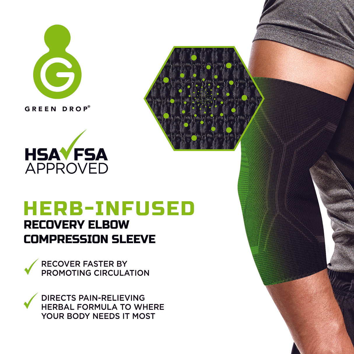 Elbow Support Green Drop Small / Medium Pull-On Sleeve Left or Right Elbow 8 to 12 Inch Elbow Circumference Black