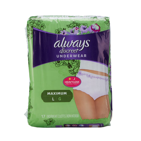 Female Adult Absorbent Underwear Always Discreet Pull On with Tear Away Seams Large Disposable Heavy Absorbency
