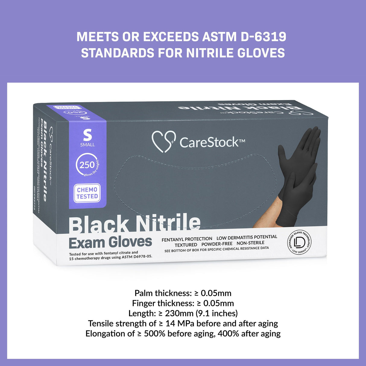 Exam Glove CareStock™ Small NonSterile Nitrile Standard Cuff Length Fully Textured Black Not Rated - BeHope