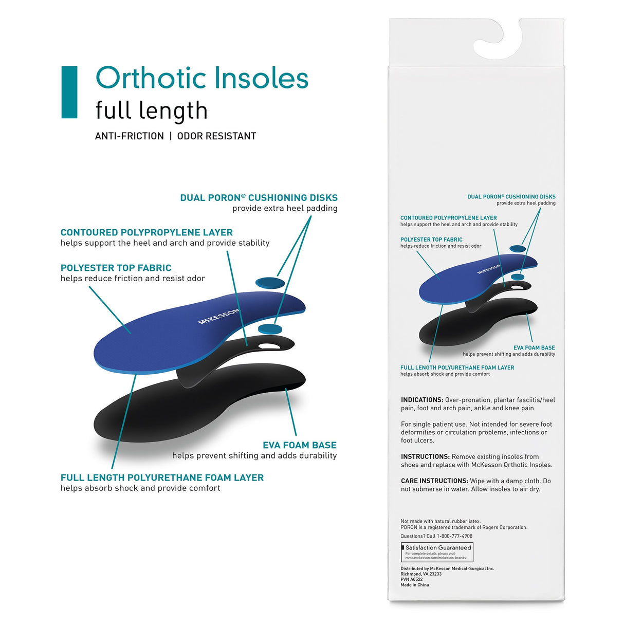 Orthotic Insole McKesson Full Length EVA / Polyester / Polypropylene / Poron® Female 6-1/2 to 8-1/2 / Male 5 to 6 Black / Blue - BeHope