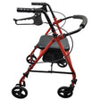 A red and black steel rollator with six wheels, ergonomic hand grips, loop-lock brakes, a padded seat, backrest, and a storage pouch underneath.