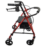 A red and black steel rollator with six wheels, ergonomic hand grips, loop-lock brakes, a padded seat, backrest, and a storage pouch underneath.