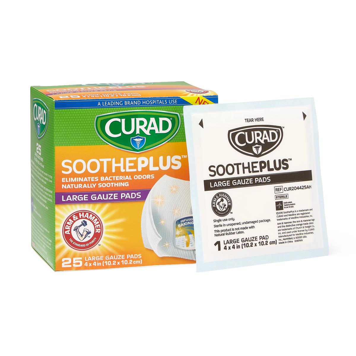 CURAD SoothePlus Gauze Pads with Arm and Hammer Baking Soda