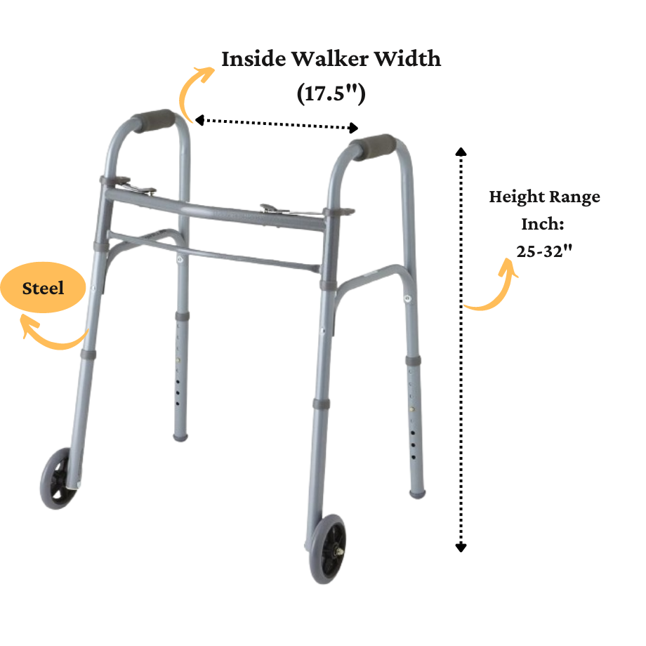 2-Button Folding Basic Steel Junior Walker with 5" Wheels (Pack of 4)
