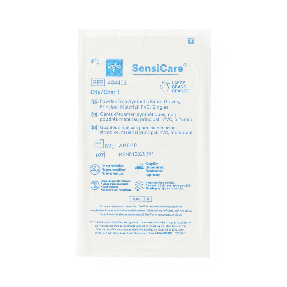 Sensicare powder-free stretch vinyl sterile exam gloves, close-up of texture.