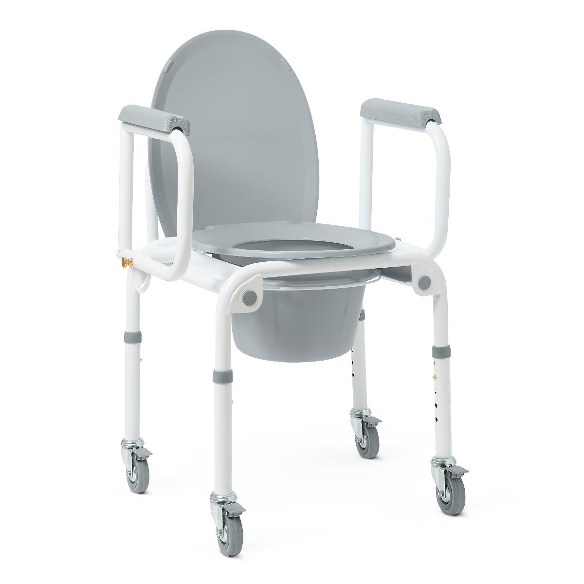 Medline Steel Drop-arm Commode, front view with arms in raised position.