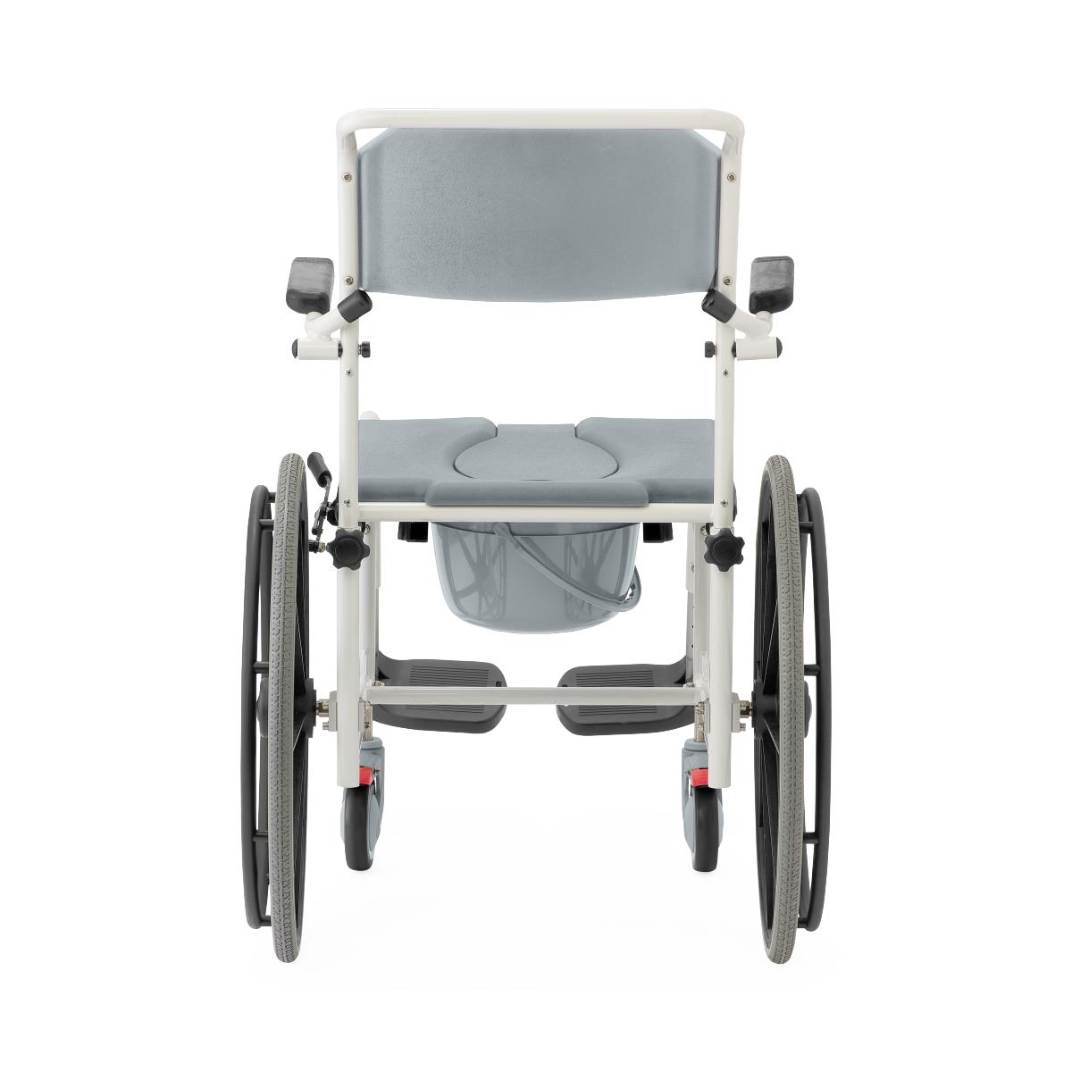 Aluminum shower commode wheelchair, side view, highlighting durable frame and wheels.
