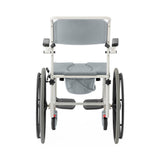 Aluminum shower commode wheelchair, side view, highlighting durable frame and wheels.