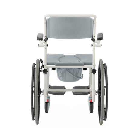 Aluminum shower commode wheelchair, side view, highlighting durable frame and wheels.