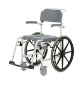 Aluminum shower commode wheelchair, detailed view of a wheel with brake.