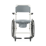 Aluminum shower commode wheelchair, front view, showing seat and commode opening.