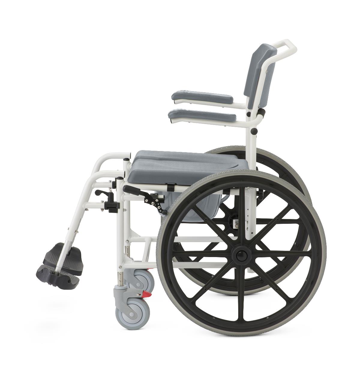 Aluminum shower commode wheelchair, rear view, illustrating push handles and backrest.