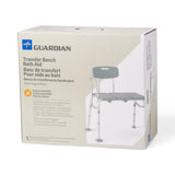 Medline transfer bench with back, side view in a bathroom setting.