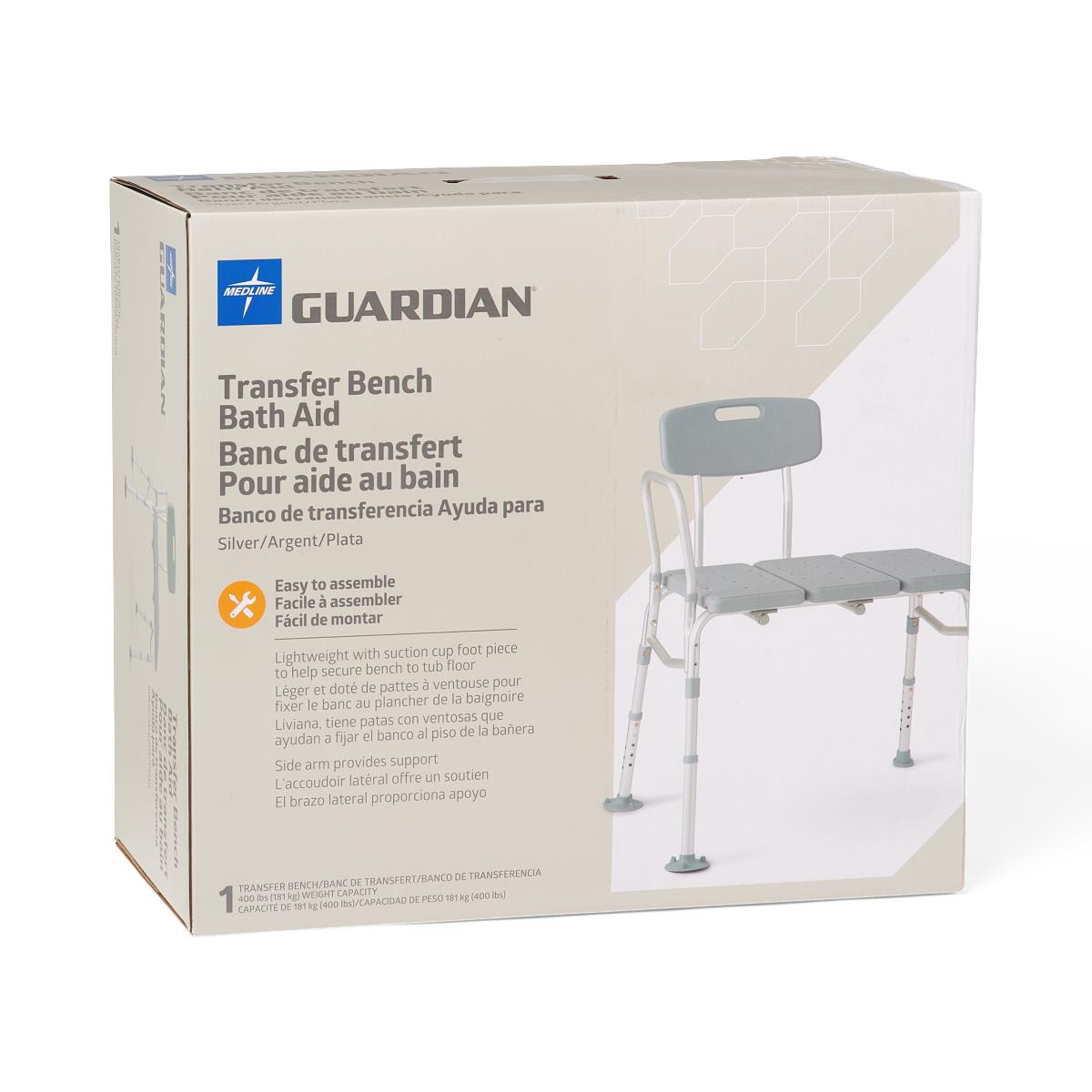 Medline transfer bench with back, close-up of the textured non-slip surface.