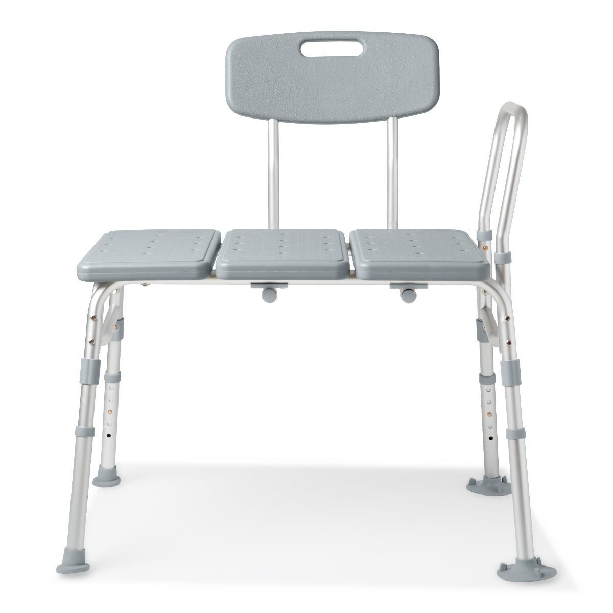 Transfer bath bench with back support, in-use scenario with a person.