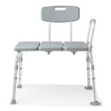 Transfer bath bench with back support, in-use scenario with a person.