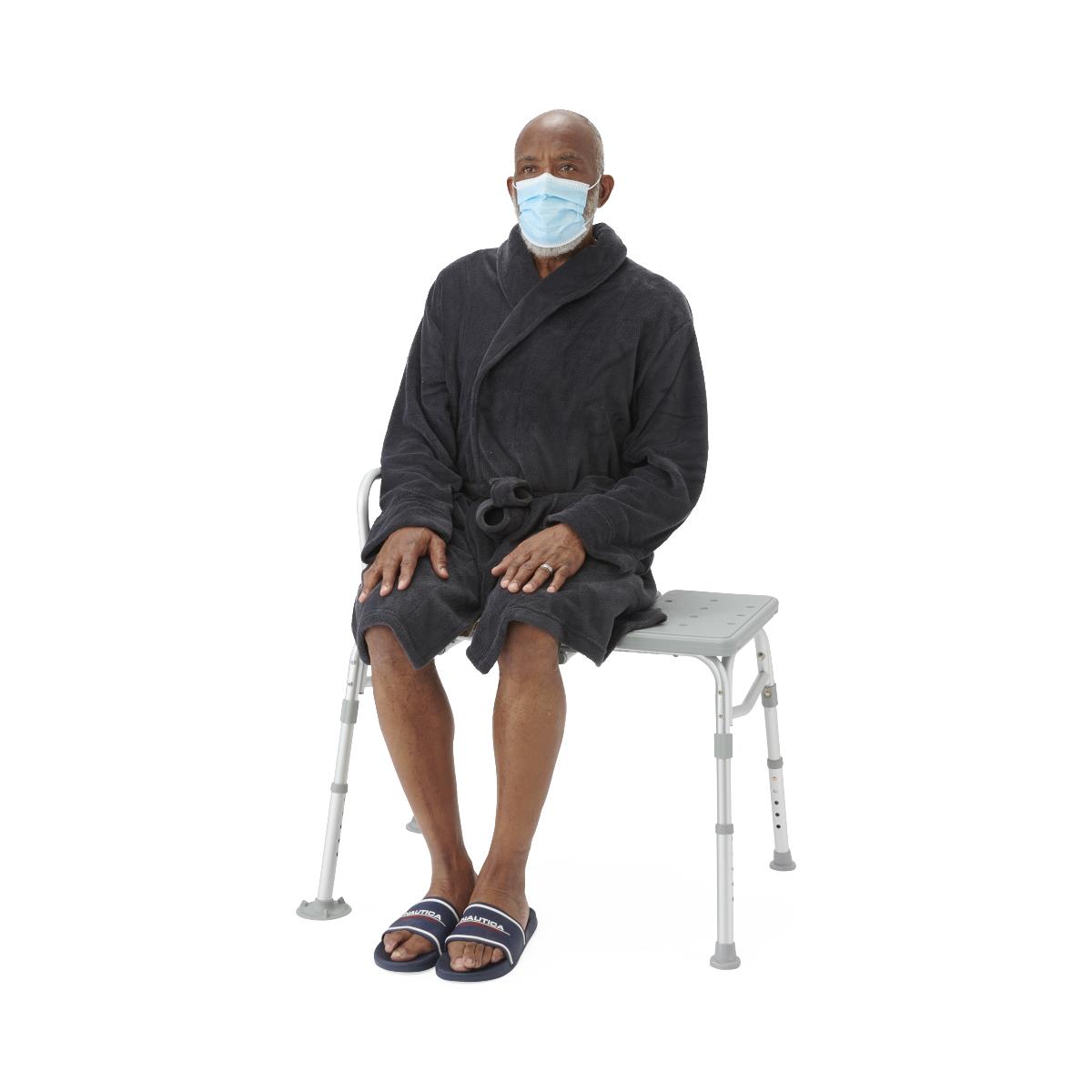 Transfer bath bench with back support, front view with dimensions.