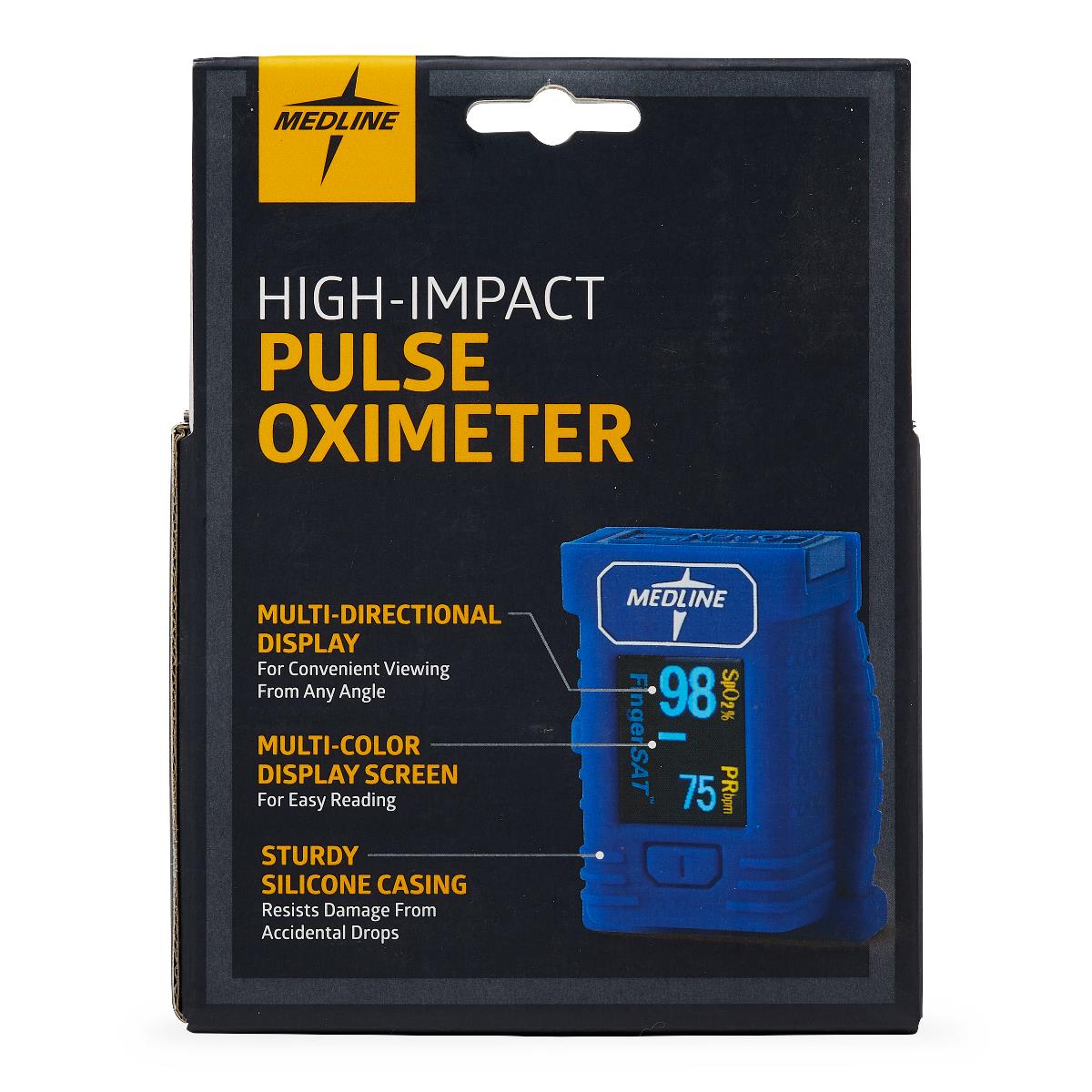 Medline High-impact Finger Pulse Oximeter, angled view, emphasizing impact-resistant design.