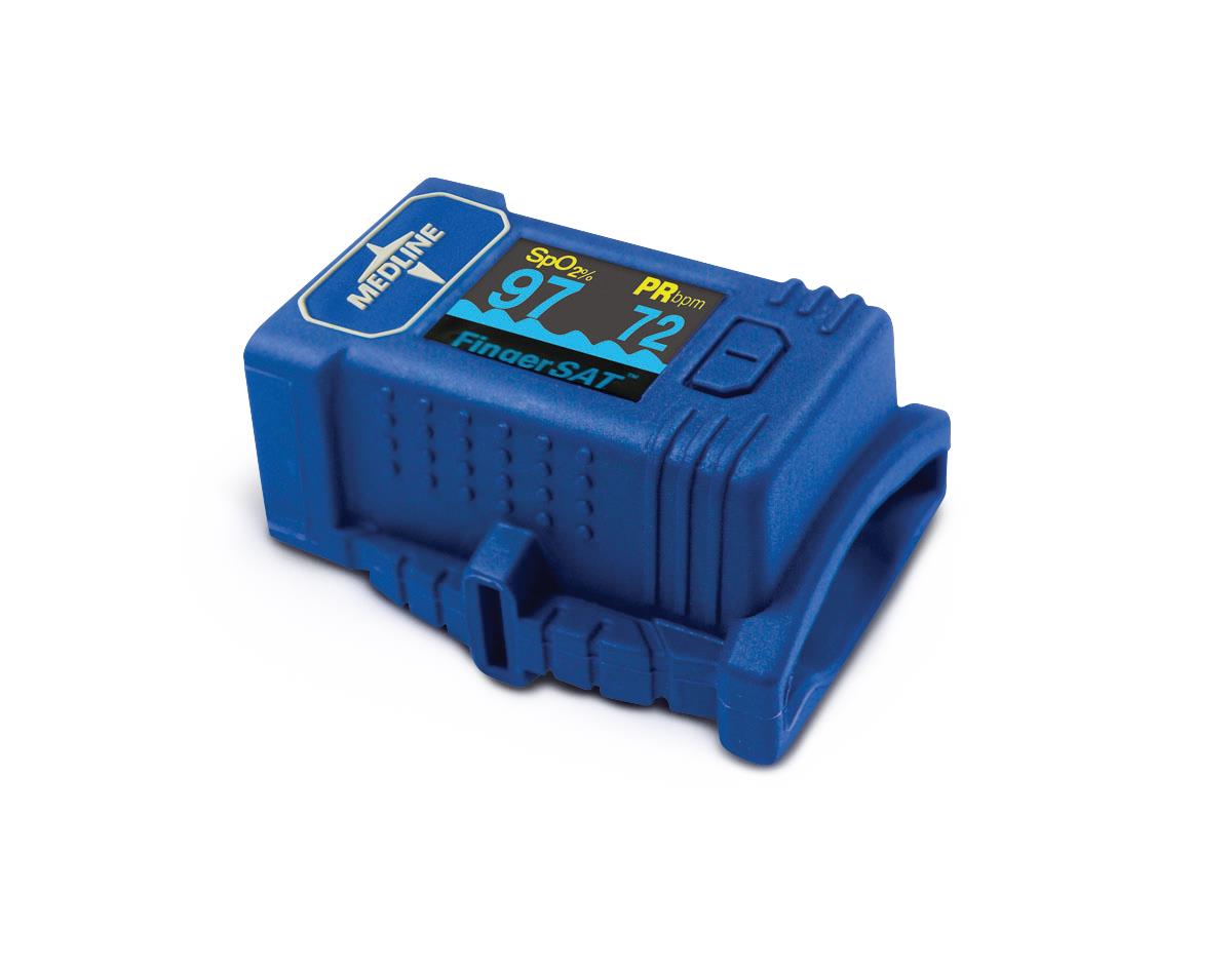 Medline High-impact Finger Pulse Oximeter, side view, highlighting durable construction.
